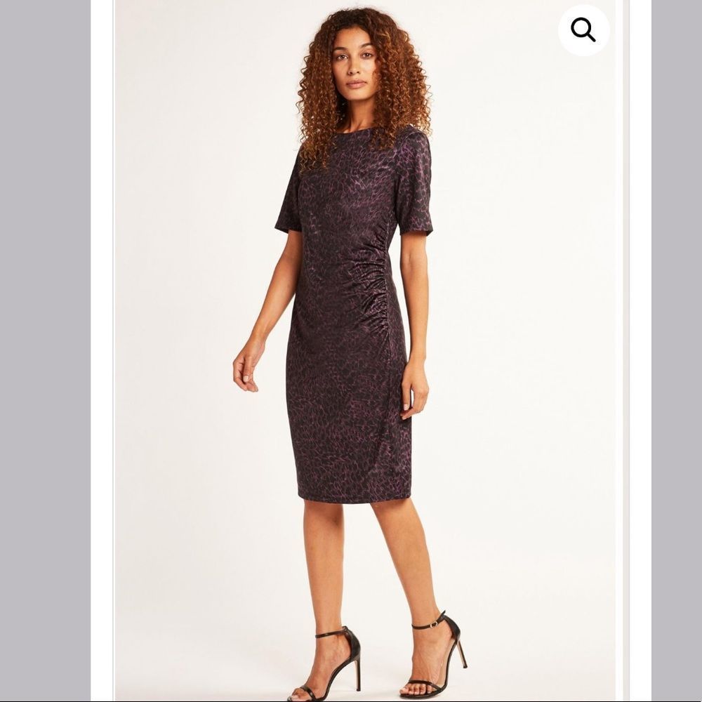 Elie Tahari Raveena Ruched Sheath Dress Aubergine Purple & Black Leopard Print 8 - Picture 2 of 13